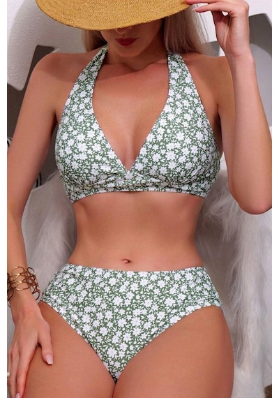Bella Notte 3 Parça Yeşil Papatya Desenli Pareolu Bikini Takım Çok Renkli