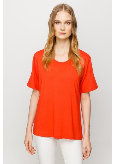 Kadın Sıfır Yaka Basic Penye T-shirt Oranj Oranj