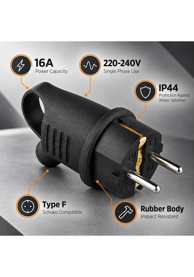 Monofaze Kauçuk Fiş, 16a, Ip44, F Tipi, 220-240v, Vidalı Bağlantı, Darbeye Dayanıklı Kauçuk Gövde, Ce Ve Rohs Belgeli, Şantiye, Atölye, Sanayi, Dış Mekan Kullanımı, Elektrik Fişi Kulplu Eğik