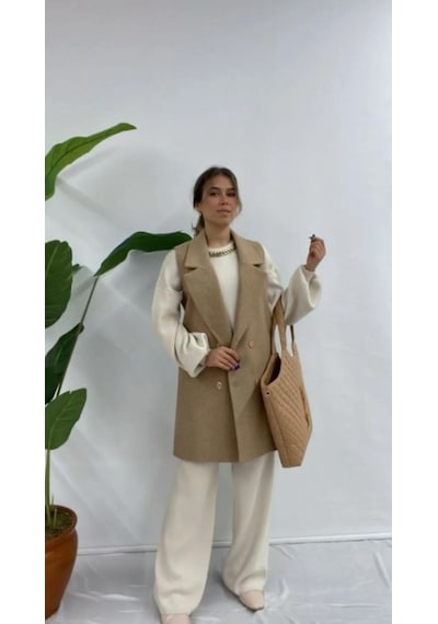 Alemdarshop Zarif Camel Bej Kruvaze Yelek Soft Tonlarda Premium Stil - Camel