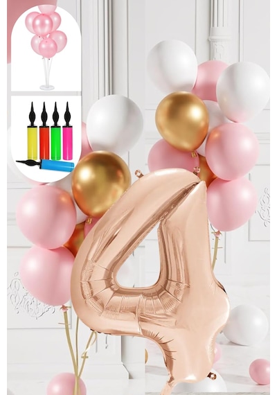 4 Yaş Balon Standlı Ve Pompalı Retro Gold Pembe Beyaz Balon Seti Rose Gold Rakamlı Süsleme Çok Renkli