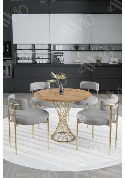 Avvio Tiny Mat Gold Teddy Sandalye 90x90 Yuvarlak Yemek Masası Mutfak Masası Masa Sandalye Takımı Akça