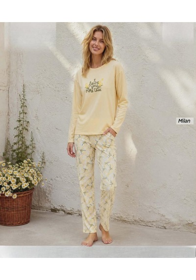 Pijamoni Kadın Milan Bisiklet Yaka Uzun Kol İnce Pijama Takımı 7600/23s - 1 Adet Sarı