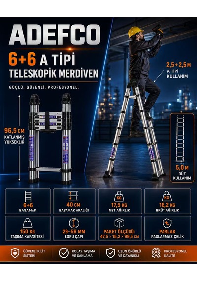 6+6 Basamak Paslanmaz Çelik Teleskopik Merdiven 5 Metre A Tipi Katlanabilir Uzayan Merdiven -