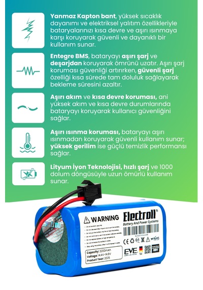 Lenovo Robot Vacuum Cleaner E1 Uyumlu Batarya 3200mah Pil