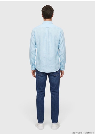 Ramsey Mint Düz Casual Fit Uzun Dokuma Casual %100 Keten Gömlek