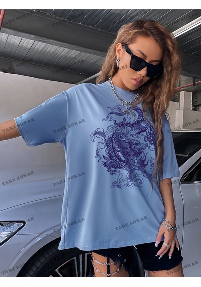 Flood Of Style Unisex Bay Çin Ejderha Grafikli Düşük Omuzlu Büyük Boy Tişört Kod-1349 Mavi