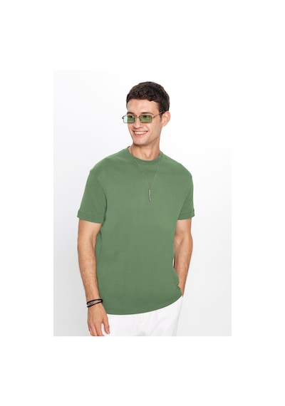 Tudors Unisex Relax Fit Rahat Kesim %100 Pamuk Yumuşak Dokulu Hafif Kalın Yeşil Bisiklet Yaka Tişört-34939 Yeşil