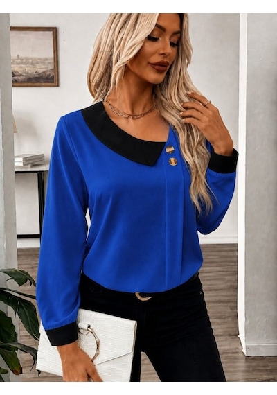 Suma Kadın Uzun Kollu Asimetrik Yaka Düğmeli İthal Krep Bluz Saks Mavi Suma Kadın Uzun Kollu Asimetrik Yaka Düğmeli İthal Krep Bluz Saks Mavi