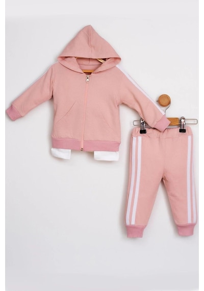 Mai Perla Yandan Çizgili Kanguru Cepli Fermuarlı Sports Wear 2 Li Bebek Takım Pembe