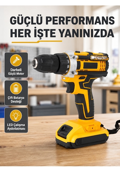 Çift Bataryalı Darbeli Şarjlı Matkap Seti Metal Dişli, 24 Parça Aksesuar Ve Led Işıklı - Lisinya