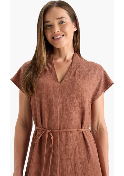 Defacto Regular Fit V Yaka Bağlamalı Midi Elbise F4673ax25hsbn101 Kahve