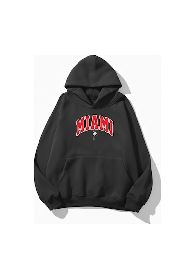 Uyguntarz Unisex Yumuşak Dokulu Miami Baskılı Tasarım Oversize 3 İplik Hoodie Sweatshirt Gri