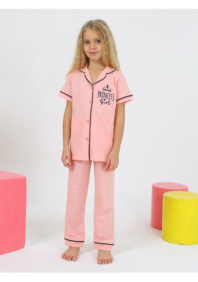 Kız Çocuk Kısa Kollu %100 Pamuklu Düğmeli Pijama Takımı Princess Pembe