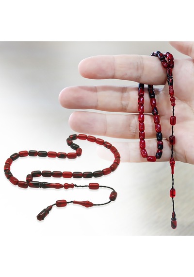 Tesbihname Ateş Kehribar Tesbih - Mini Boy - Sistemli - Kırmızı Siyah - Kapsül Kesim Çok Renkli