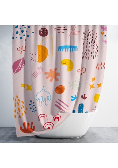 Banyo Duş Perdesi Sevimli Desen Pembe Dijital Baskılı Banyo Perdesi, Tek Kanat C Halkalı-180x200 Cm Pembe