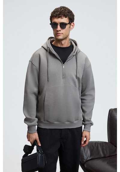 Grimelange JUSTUS Erkek Kapüşonlu Kanguru Cepli Fermuar Yakalı Koyu Gri Sweatshirt