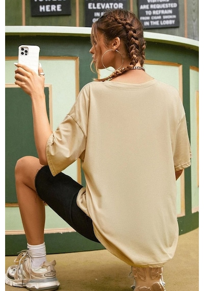 Unisex Over Thinking Baskılı T-shirt Bej