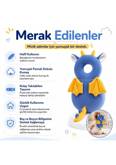 İlk Adım Güvenlik Yastığı Bebek Kafa Koruma Boyun Destek Minderi Ejderha