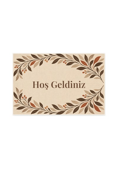 Kartela Halı Hoş Geldiniz Yazılı Yaprak Desenli Kapı Paspası Bej Kaymaz Kauçuk Taban 40x60 Cm