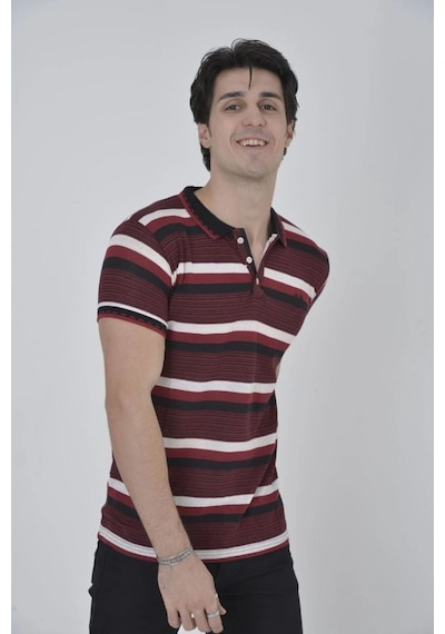 Erkek Polo Yaka Tişört Slim Fit Dokuma Çizgili Kısa Kol T-shirt - Bordo