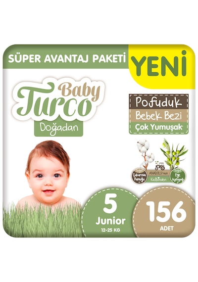 Baby Turco Doğadan Süper Avantaj Paketi Pofuduk Bebek Bezi 5 Numara Junior 156 Adet