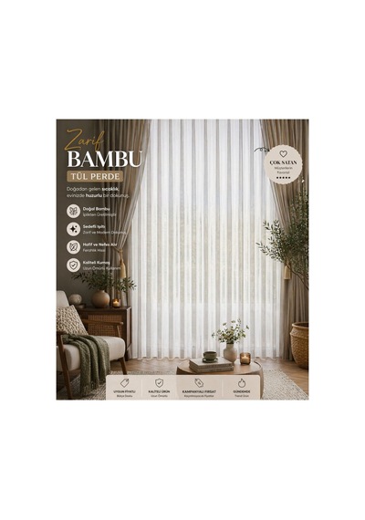 Ütü İstemez Sedefli Lüx Bambu Model Tül Perde 1/2 Seyrek Pileli Özel Ölçü Şık-tasarım Ekru Ekru