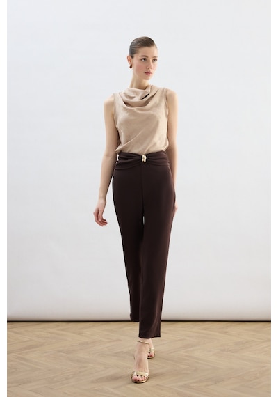 Sateen Bel Aksesuarlı Pantolon - Kahve-136829 Kahve
