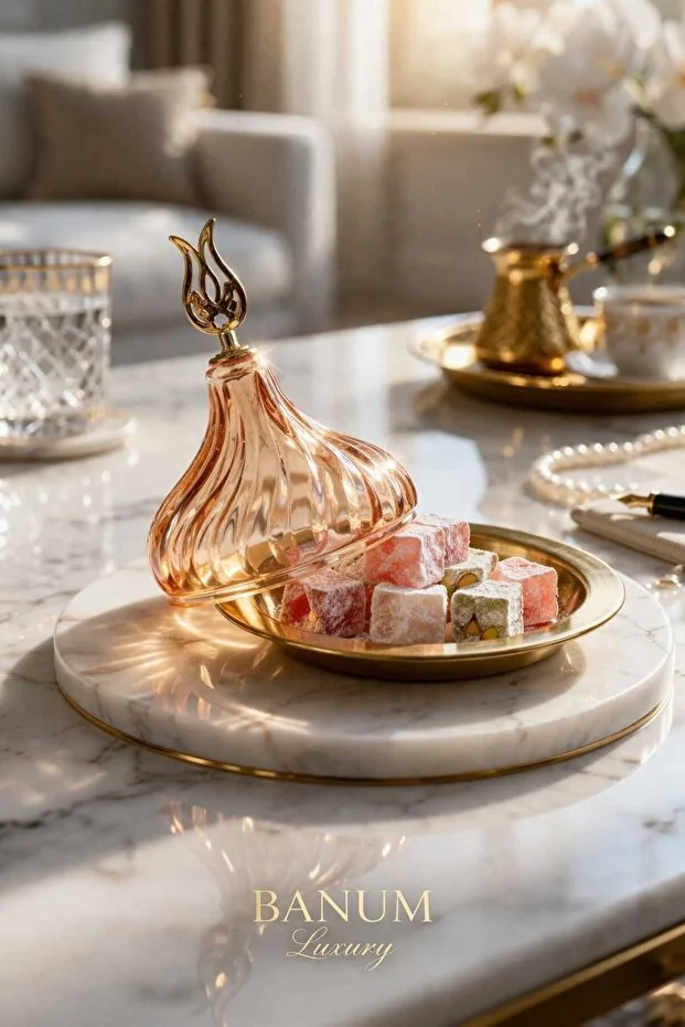 Banum Luxury Lüx Tasarım El İşi Pirinç Tabak Ve Cam Kapak Mini Lokumluk Sarı