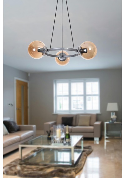 Owen Modern Tasarım Yatak Odası Salon Oturma Odası Gri Renk Bal Camlı 3 Lü Avize Gri Bal Gri Bal