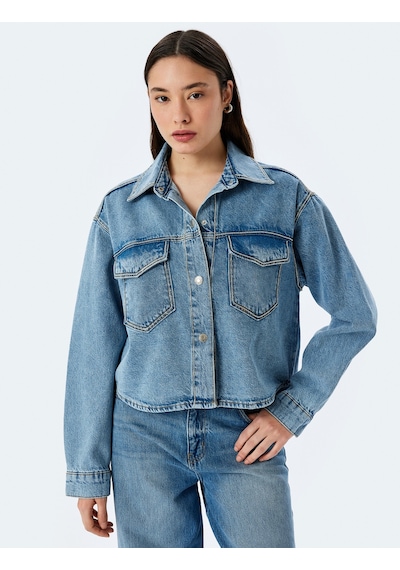 Koton Cep Detaylı Klasik Yaka Düğmeli Denim Ceket Açık İndigo 5sal50004md Açık İndigo