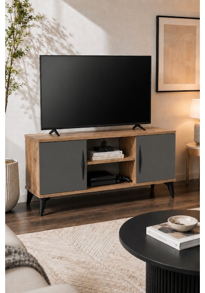 Vermo Tv Sehpası Tv Ünitesi Televizyon Sehpası Çam Antrasit 110 Cm Siyah