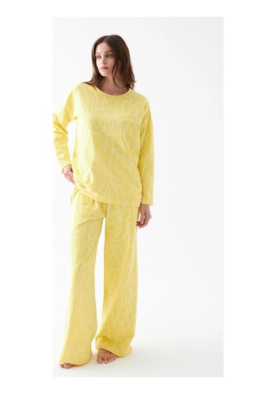 İkikareshop Kadın Oversize Sarı Desenli Pamuklu Kalın Pijama Takımı Çok Renkli
