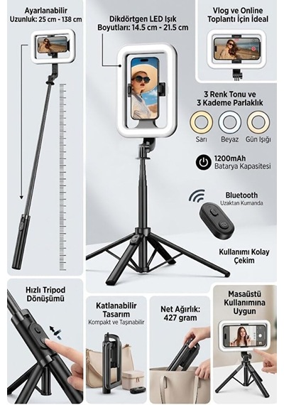 Bluetooth Kumandalı Şarjlı 8 İnç Led Ring Light Katlanabilir Selfie Çubuğu Ve Tripod 3 Renk Tonu 25-138cm Diğer