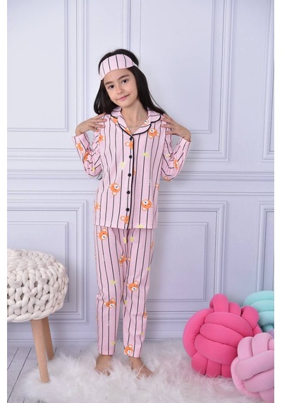 Kız Çocuk Kışlık Uzun Kollu Pijama Takım - Uyku Bandlı Pembe