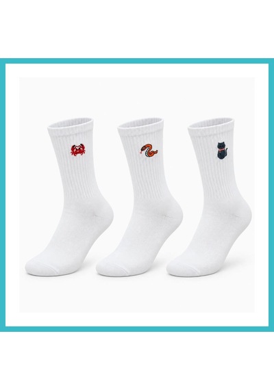 Bezos Unisex Çorap Beyaz Hayvan Nakışlı 3'lü Set Yengeç Yılan Kedi Desenli Uzun Soket Günlük Spor Çorabı Dfnbez