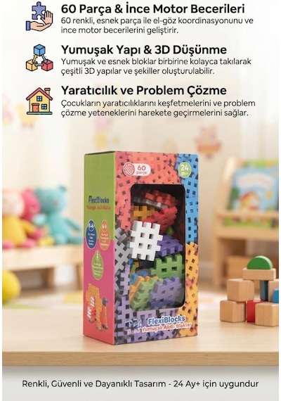 60 Parça Eğitici Flexi Blok İnce Motor Becerilerini Geliştiren Oyuncak Yumuşak Bloklar
