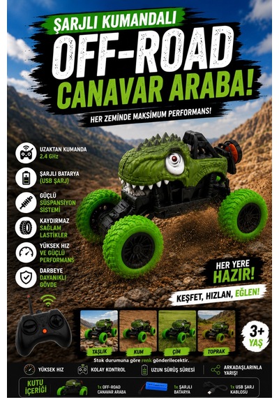 Uzaktan Kumandalı Şarjlı Off-road Canavar Araba 2.4 Ghz Güçlü Süspansiyonlu Yeşil