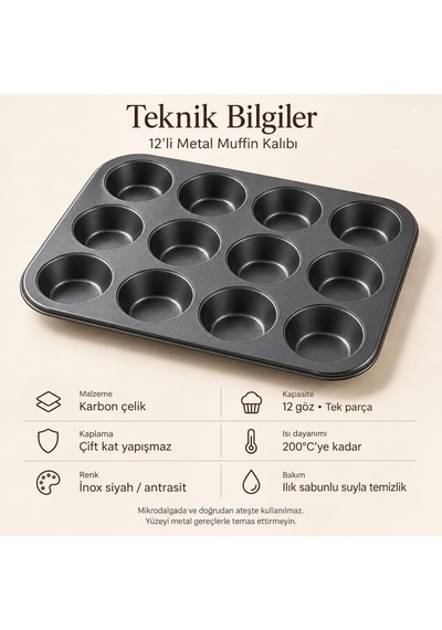 12 Gözlü Muffin Cupcake Kek Kalıbı, Karbon Çelik Çift Kat Yapışmaz Kaplamalı Fırın Tepsisi, Brownie, Kurabiye Diğer