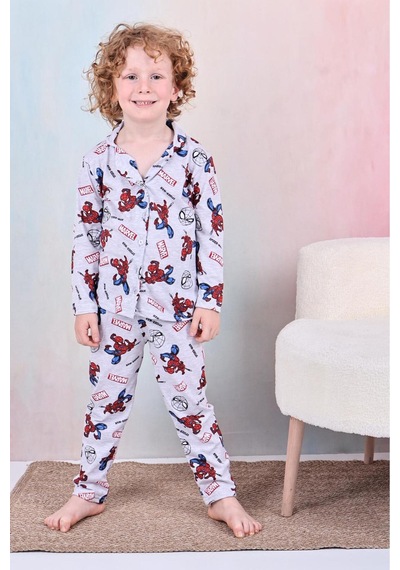 Beka Kids Erkek Çocuk Önden Düğmeli Desenli Pijama Takımı %100 Pamuklu Pijama Takımı Ve Göz Bandı Gri