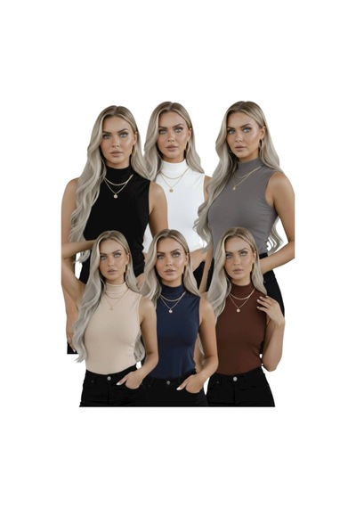 Hashtag Kadın Balıkçı Yaka Sıfır Kol Body 6'lı Set Viskon Kumaş Beyaz