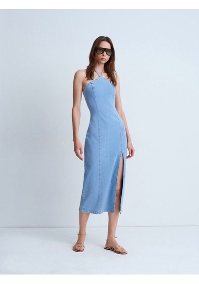Dilvin 90580 Boyundan Bağlamalı Midi Denim Elbise-mavi