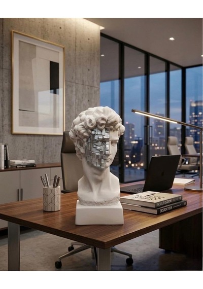 Dekoratif Modern David Büst Biblo Beyaz Gümüş Dekoratif Heykel, Salon & Ofis Masa Üstü Aksesuarı, Estetik Ev Diğer