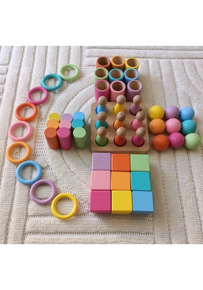 Montessori Eşleştirme Tablalı Silindir Halka Peg Bebek Kase Küp Seti - 9 Renk
