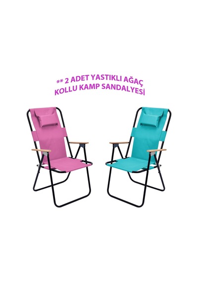 Exent 2' Li Yastıklı Yüksek Sırtlı Katlanır Büyük Boy Kamp Piknik Sandalyesi, Ağaç Kollu-pembe Ve Turkuaz