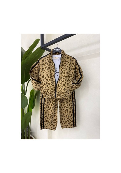 Toikids Kız Çocuk Gabardın Kumaş,leopar Şerit Detaylı 3lü Takım Kahverengi