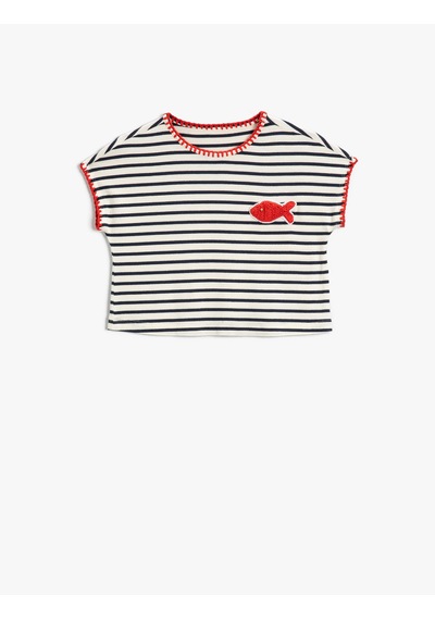 Koton Çizgili Crop Tişört Kısa Kollu Bisiklet Yaka Ekru Çizgili 2skg10133ak