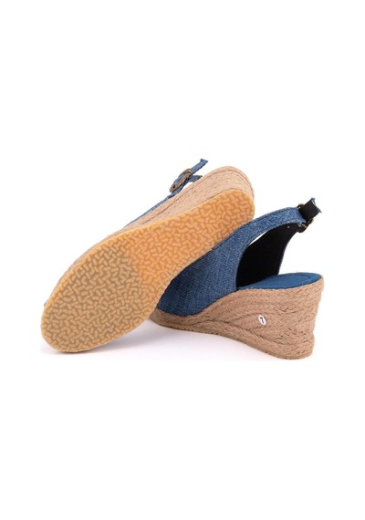 Gerçek Elişi Burnu Açık Arkası Bantlı Dolgu Topuk Mavi Keten Hasır Espadril Handmade Saks Mavi