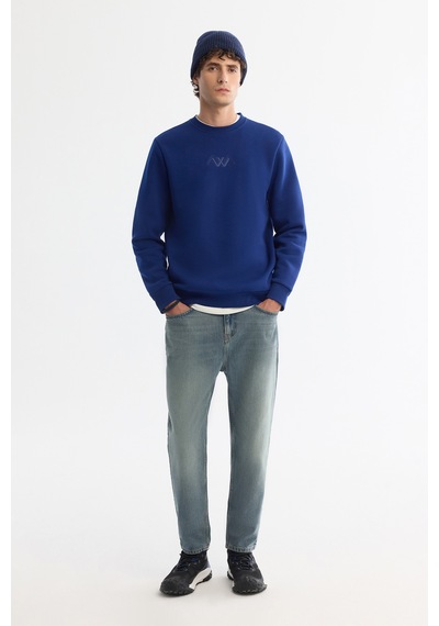 Avva Erkek Saks Bisiklet Yaka Pamuklu Şardonlu Baskılı Regular Fit Sweatshirt B001033 Saks Mavi
