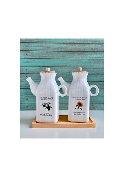 Bambu Standlı Etiketli Kare 2 Li Porselen 1000 Ml Yağdanlık Seti Yağlık Takımı Beyaz Beyaz